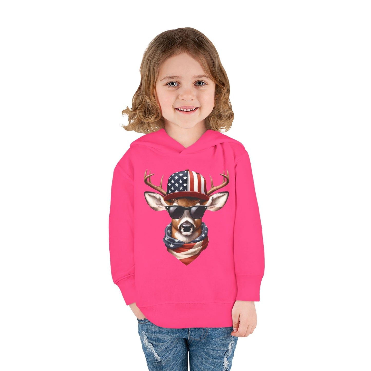 Toddler Pullover Fleece Hoodie, Cute Kids Hoodie, USA Deer Hoodie, Cozy Fall Outfit, American Flag Hooded Sweatshirt