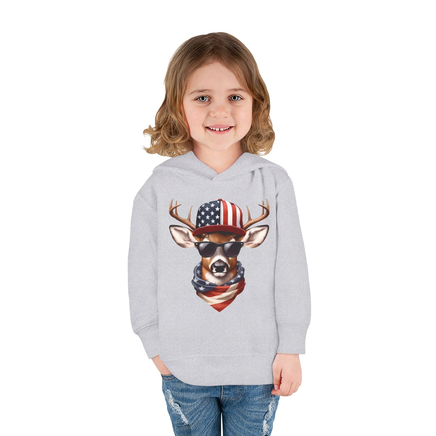 Toddler Pullover Fleece Hoodie, Cute Kids Hoodie, USA Deer Hoodie, Cozy Fall Outfit, American Flag Hooded Sweatshirt