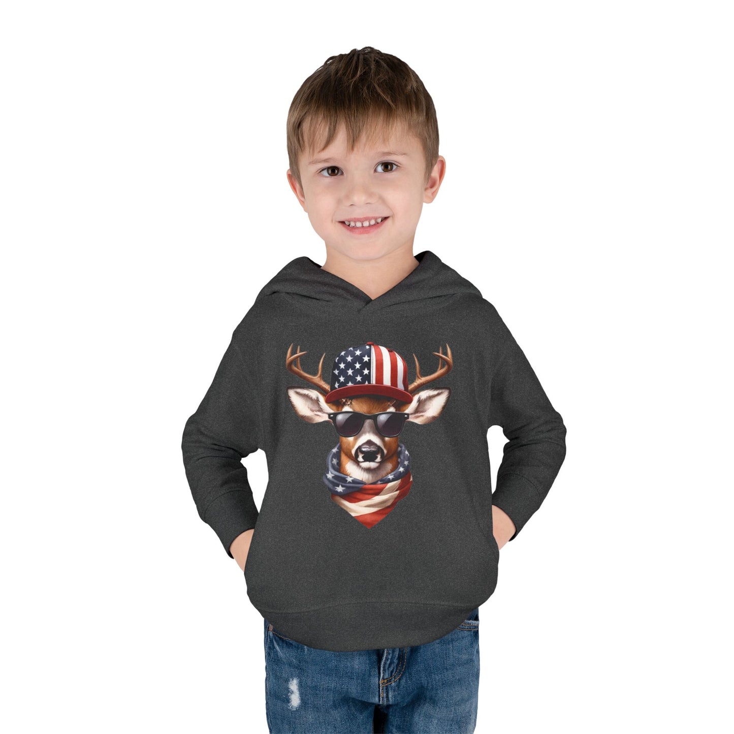 Toddler Pullover Fleece Hoodie, Cute Kids Hoodie, USA Deer Hoodie, Cozy Fall Outfit, American Flag Hooded Sweatshirt