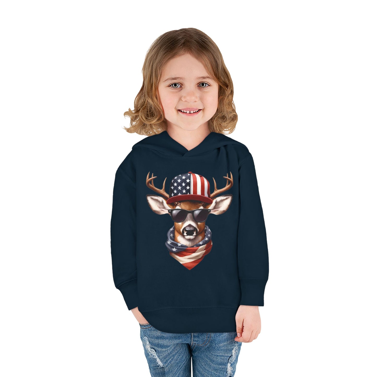 Toddler Pullover Fleece Hoodie, Cute Kids Hoodie, USA Deer Hoodie, Cozy Fall Outfit, American Flag Hooded Sweatshirt