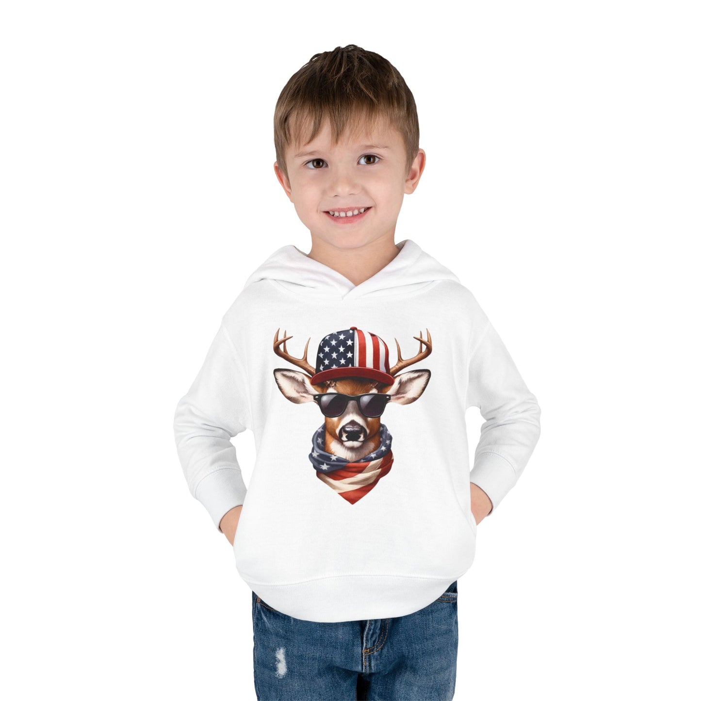 Toddler Pullover Fleece Hoodie, Cute Kids Hoodie, USA Deer Hoodie, Cozy Fall Outfit, American Flag Hooded Sweatshirt