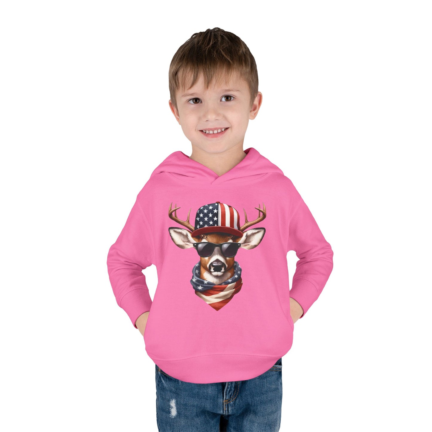 Toddler Pullover Fleece Hoodie, Cute Kids Hoodie, USA Deer Hoodie, Cozy Fall Outfit, American Flag Hooded Sweatshirt