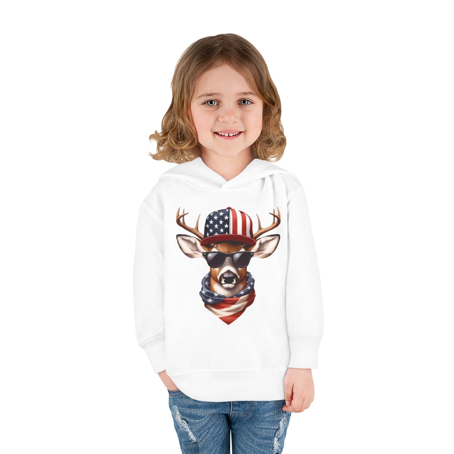 Toddler Pullover Fleece Hoodie, Cute Kids Hoodie, USA Deer Hoodie, Cozy Fall Outfit, American Flag Hooded Sweatshirt