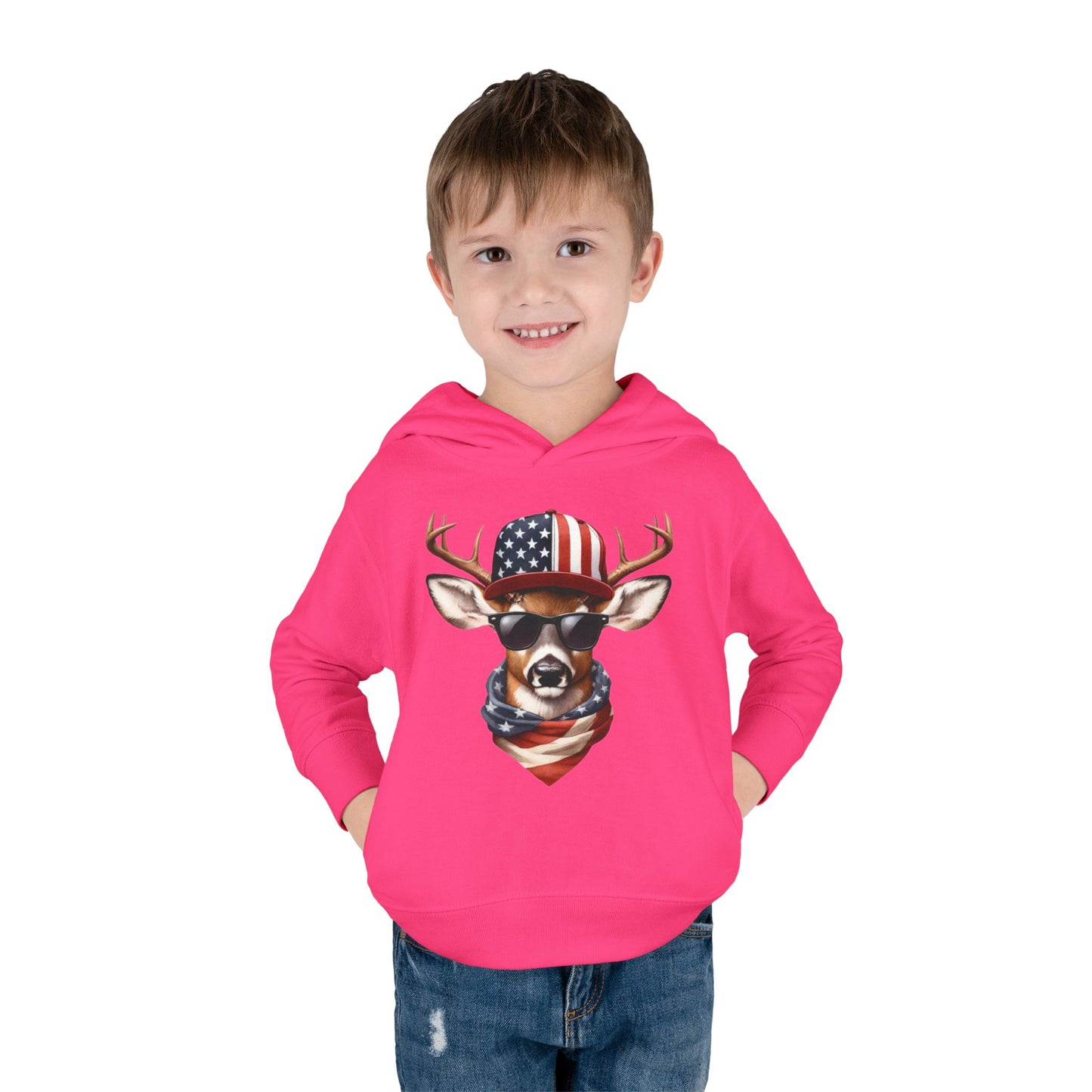 Toddler Pullover Fleece Hoodie, Cute Kids Hoodie, USA Deer Hoodie, Cozy Fall Outfit, American Flag Hooded Sweatshirt
