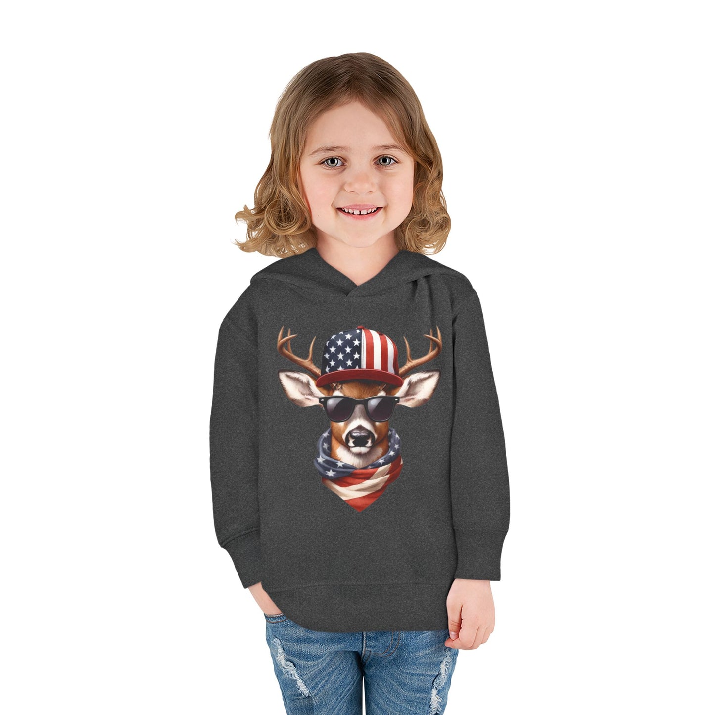 Toddler Pullover Fleece Hoodie, Cute Kids Hoodie, USA Deer Hoodie, Cozy Fall Outfit, American Flag Hooded Sweatshirt