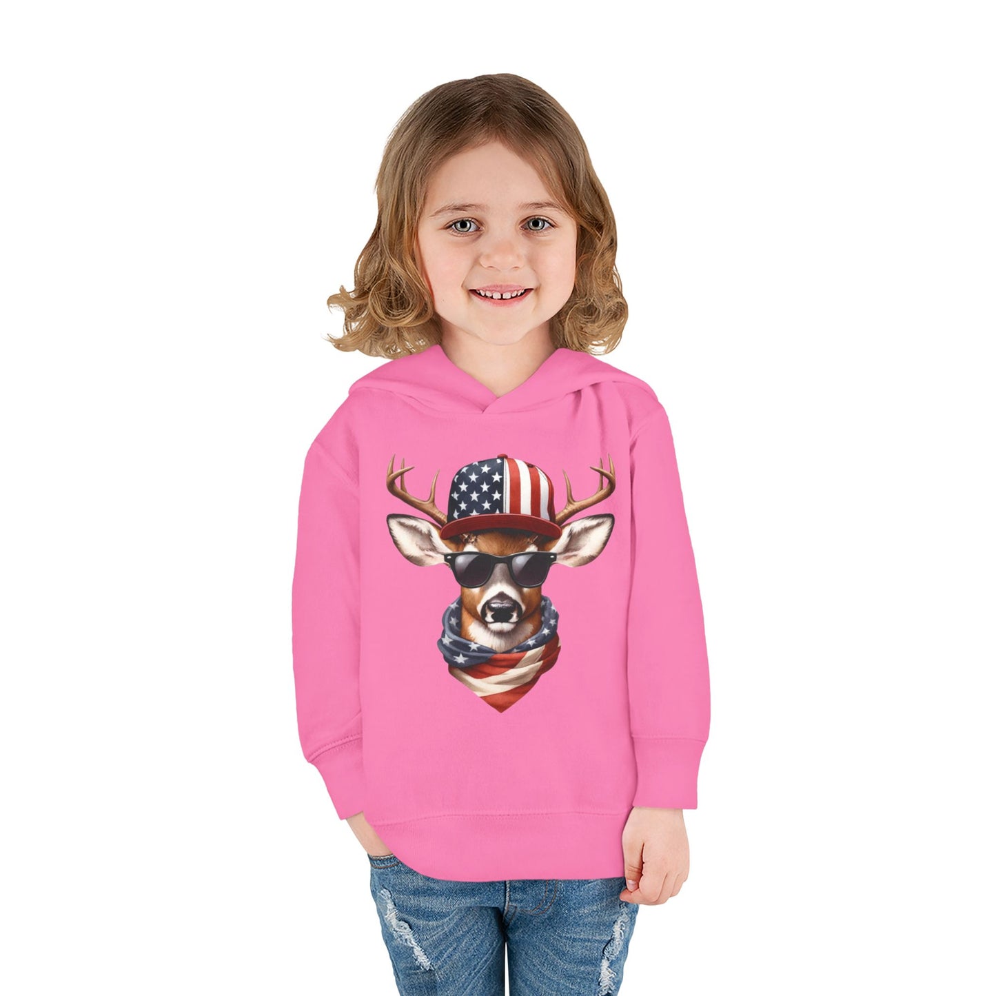 Toddler Pullover Fleece Hoodie, Cute Kids Hoodie, USA Deer Hoodie, Cozy Fall Outfit, American Flag Hooded Sweatshirt