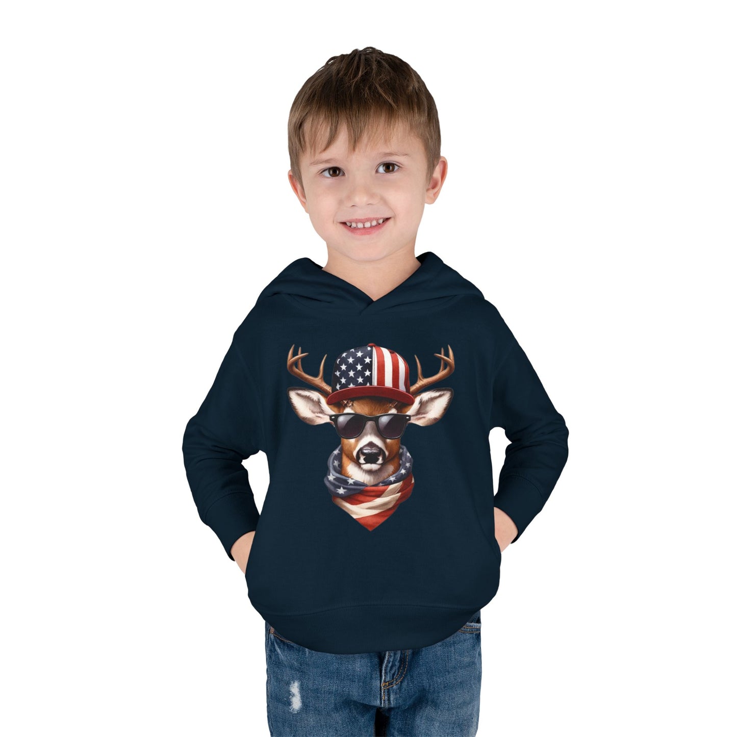 Toddler Pullover Fleece Hoodie, Cute Kids Hoodie, USA Deer Hoodie, Cozy Fall Outfit, American Flag Hooded Sweatshirt