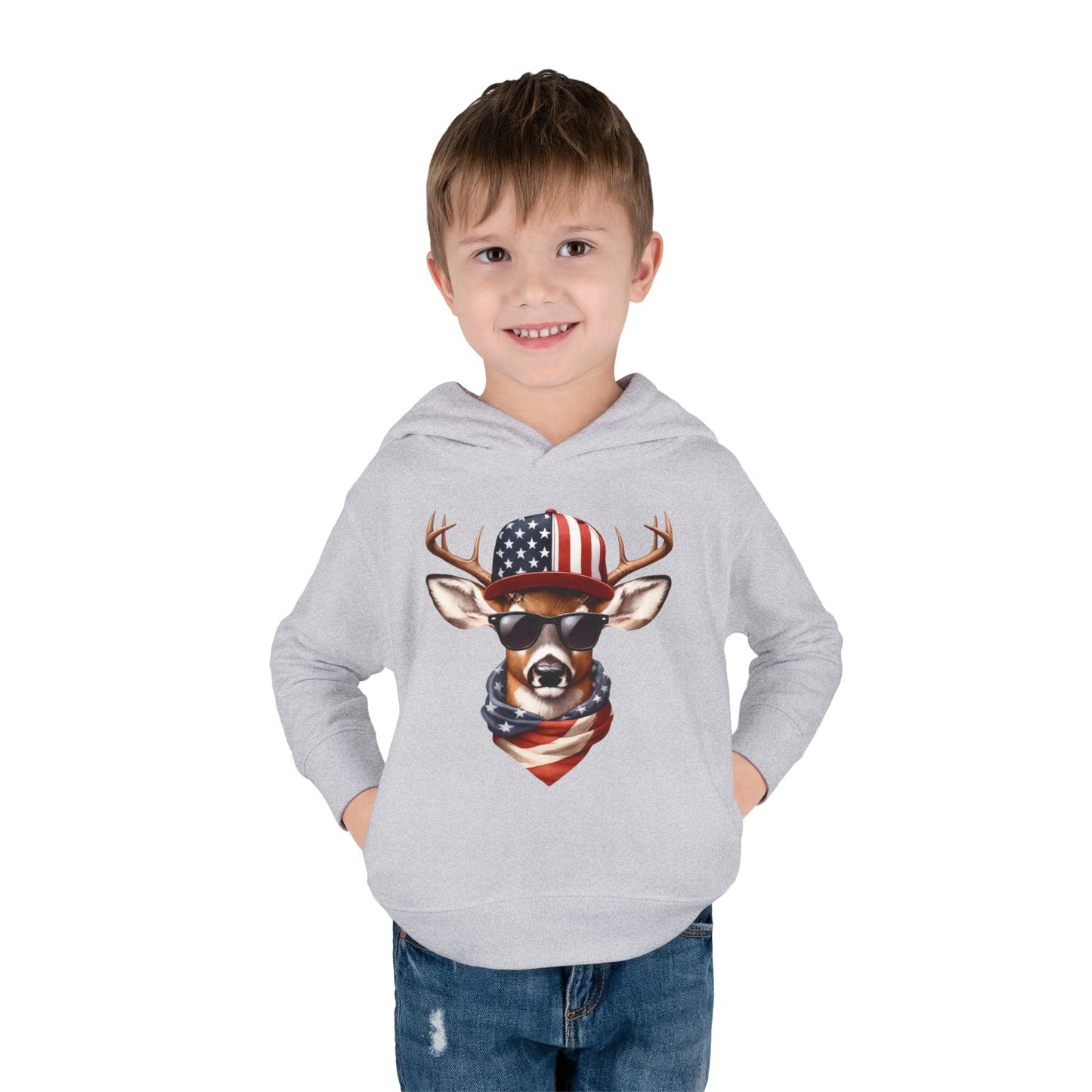 Toddler Pullover Fleece Hoodie, Cute Kids Hoodie, USA Deer Hoodie, Cozy Fall Outfit, American Flag Hooded Sweatshirt