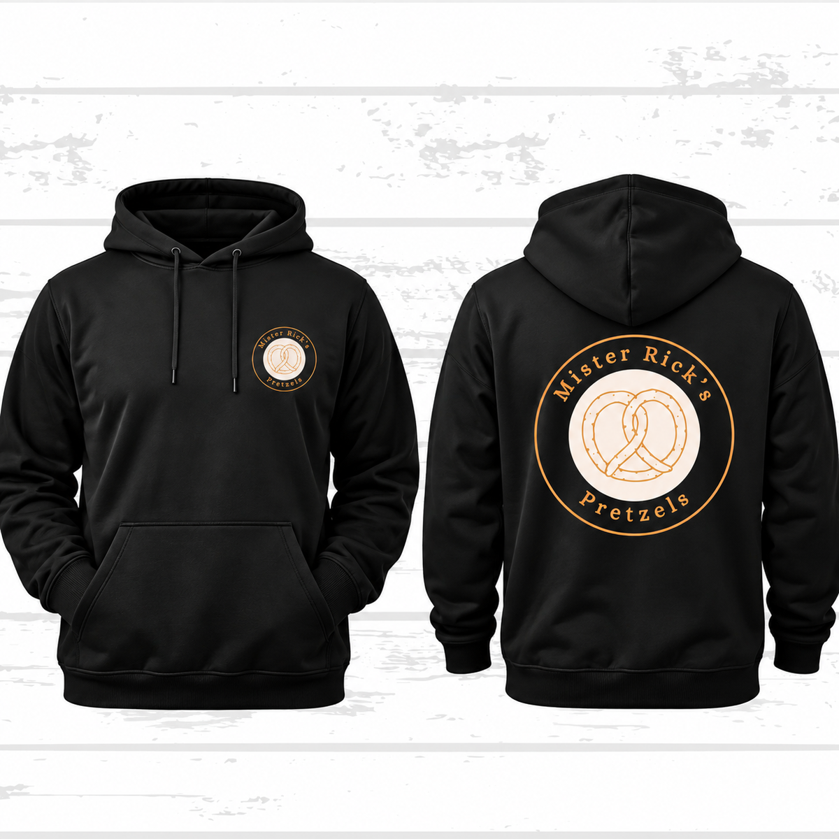 Show your love for Mister Rick’s Pretzels with this stylish black hoodie featuring the Mister Rick’s Pretzels logo!