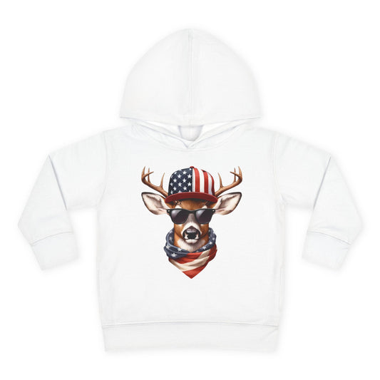 Toddler Pullover Fleece Hoodie, Cute Kids Hoodie, USA Deer Hoodie, Cozy Fall Outfit, American Flag Hooded Sweatshirt