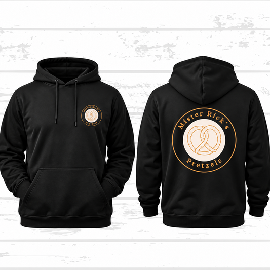 Show your love for Mister Rick’s Pretzels with this stylish black hoodie featuring the Mister Rick’s Pretzels logo!