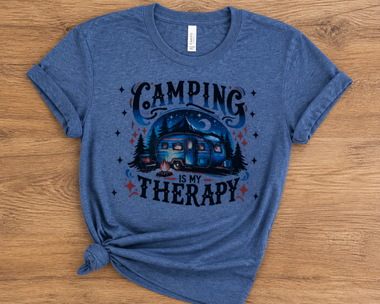 Camping Is My Therapy Shirt – Retro Camper Graphic Tee – Cozy Outdoor Lifestyle Apparel & matching Tumbler