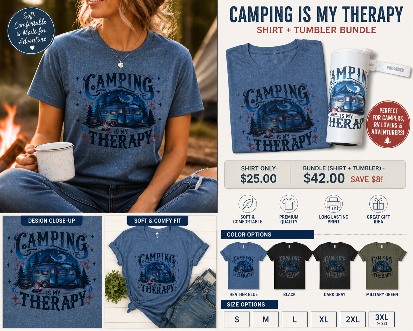 Camping Is My Therapy Shirt – Retro Camper Graphic Tee – Cozy Outdoor Lifestyle Apparel & matching Tumbler